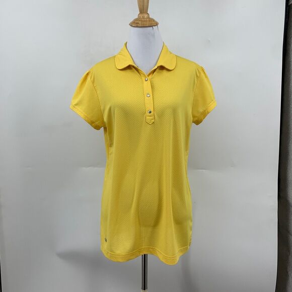 Daily Sports Polo Shirt Womens L Yellow Stretch Collared Snap Button Troon Club - Picture 2 of 16